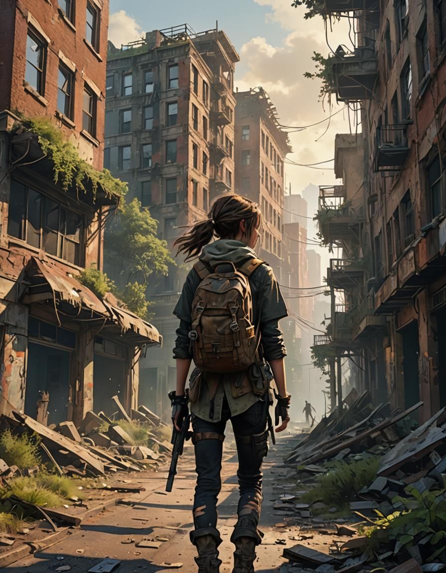 Post-Apocalyptic Cityscape with Survivor in Desolation