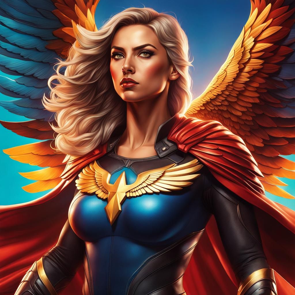 Eagle-Winged Superhero in Hyperrealistic Splash Art