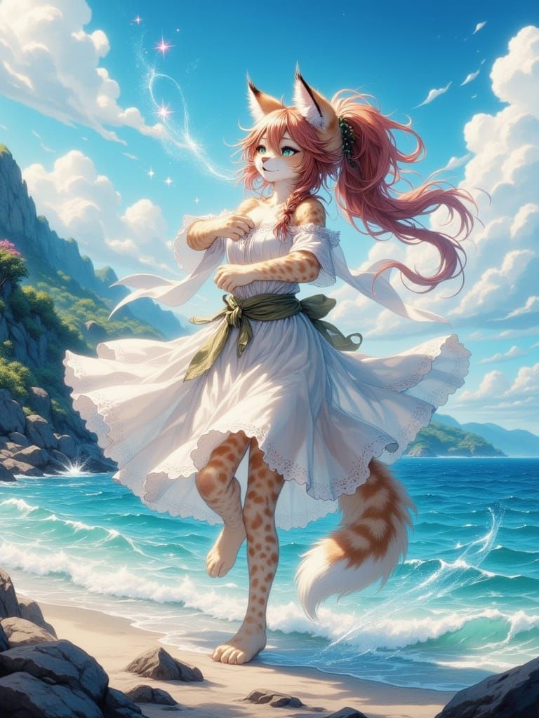 Anime Cat Dances on Beach in Watercolour Style