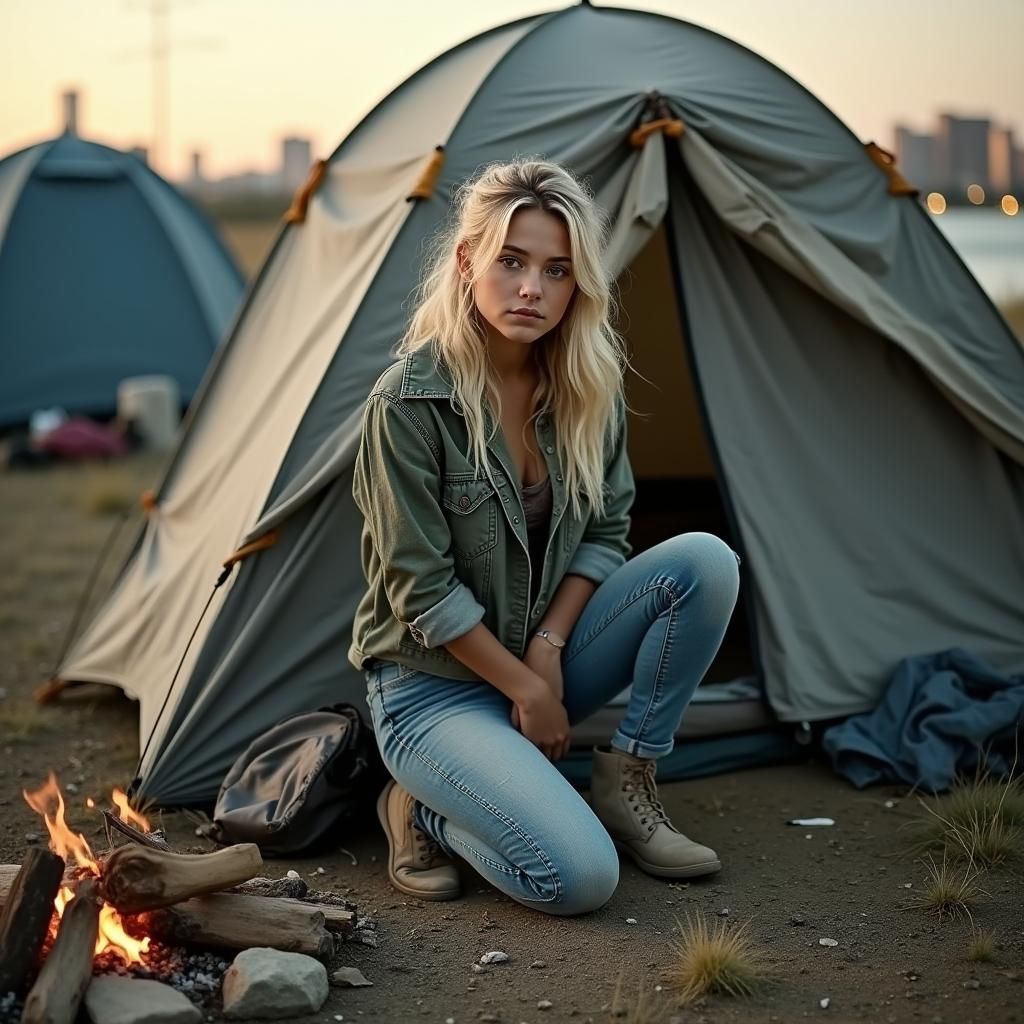 Young Woman in Homeless Camp: Cinematic Digital Art