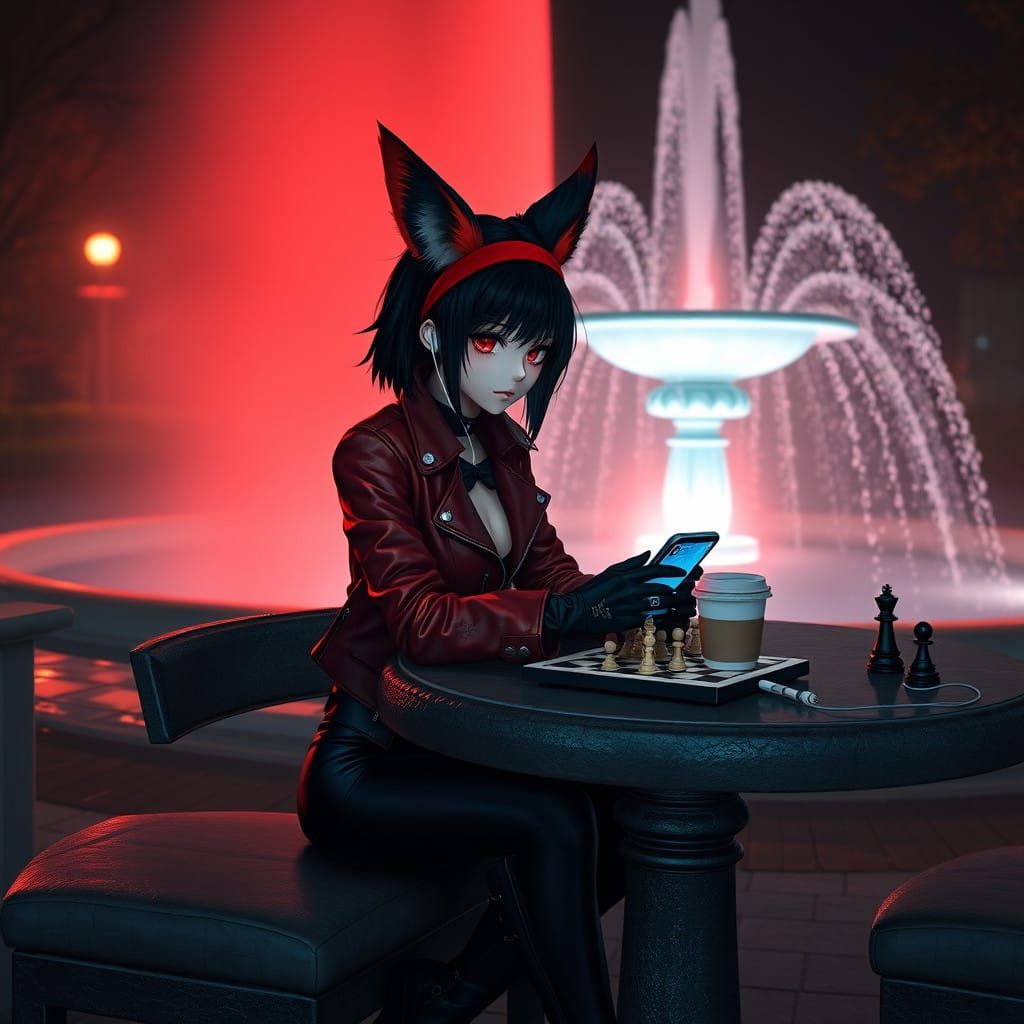 Petite Anime Goth Queen Contemplating Chess Under a Whimsica...