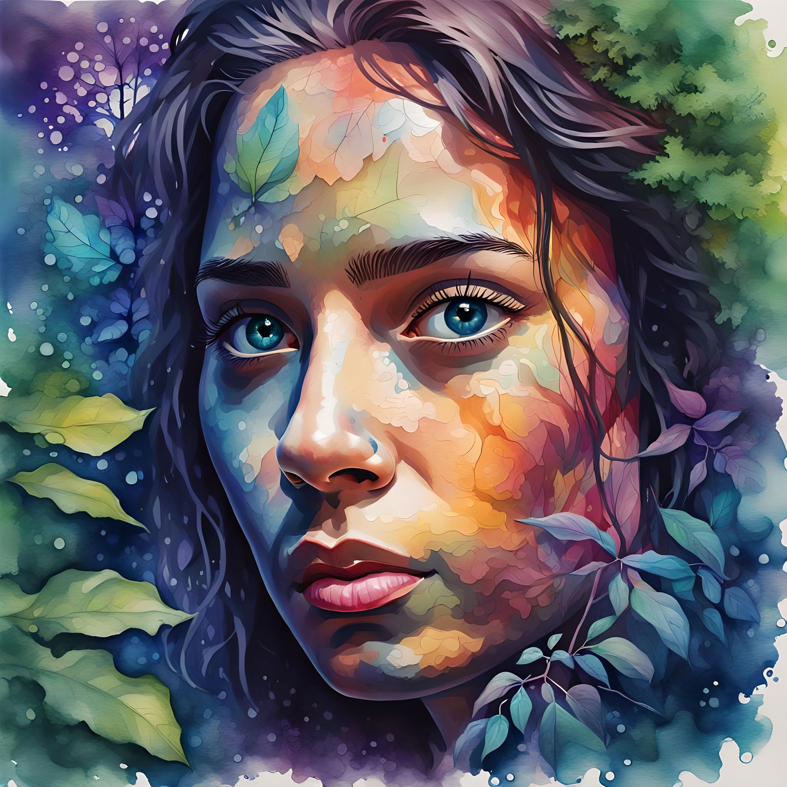 Forest Spirit Portrait in Hyperrealistic Splash Art