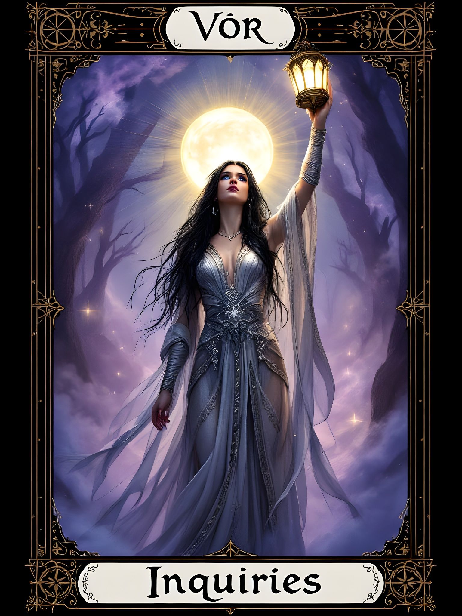 Norse Goddess with Lantern, Silver Dress and Violet Backgrou...