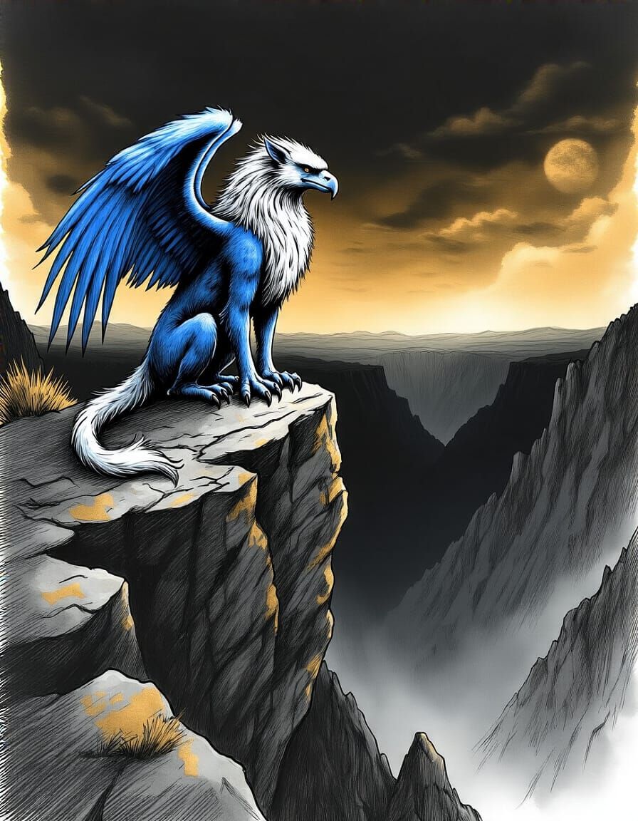 Indigo Gryphon on Jagged Rock in Dark Valley Sketch