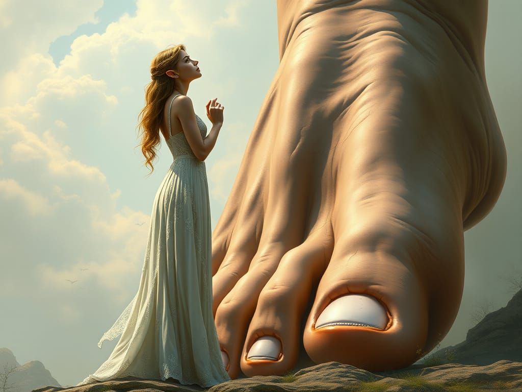 Elegant Elf Contemplates Giant's Toe in Dreamlike Landscape