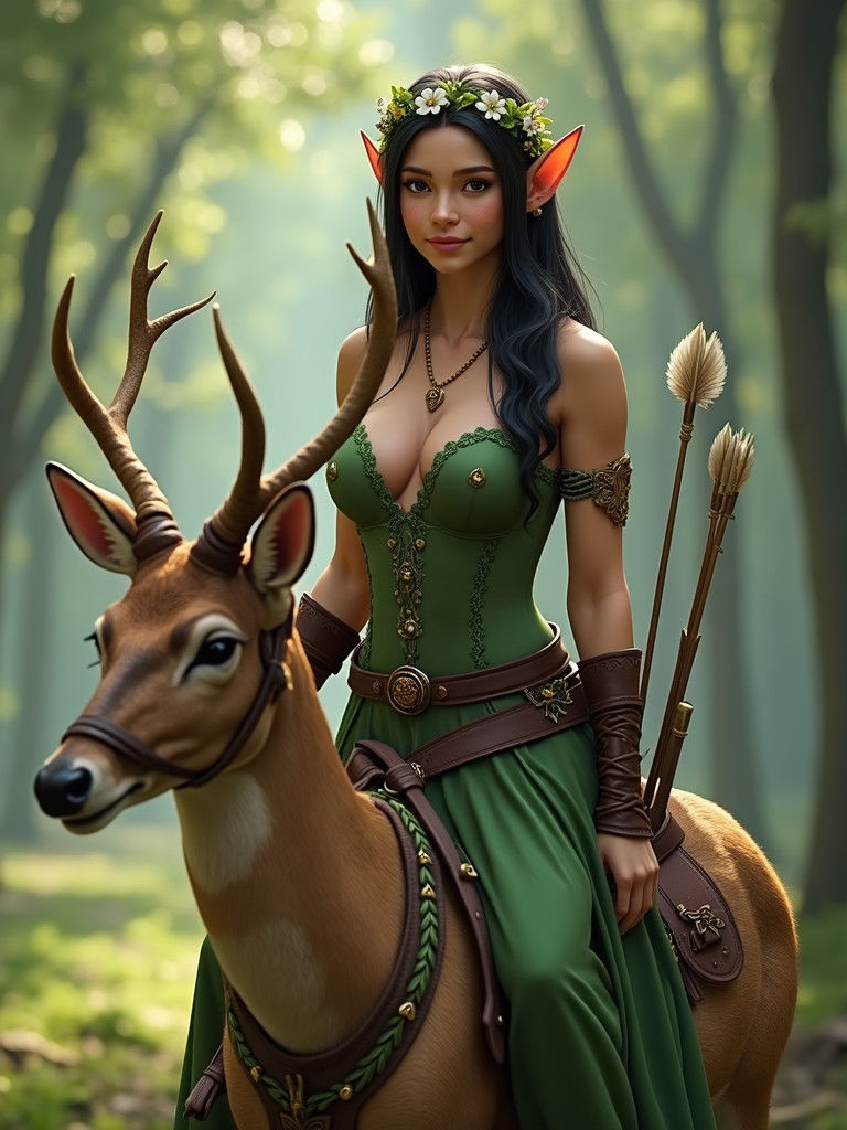 Beautiful Elf Girl Riding Deer in Photorealistic Style