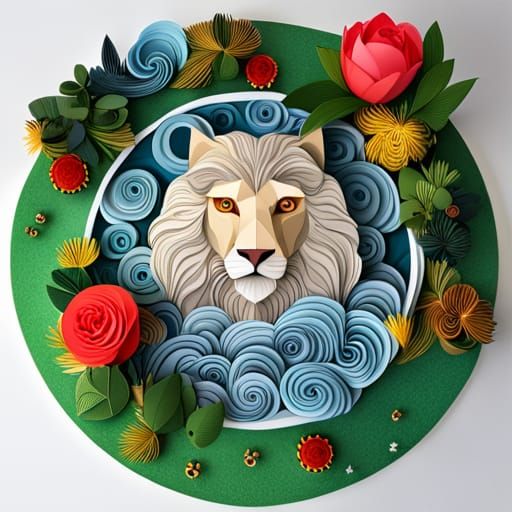 Lion and Roses Paper Sculpture in Studio Lighting