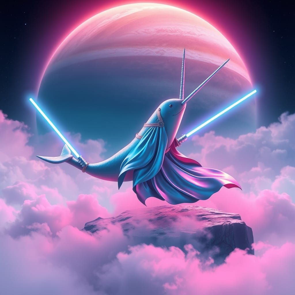 Surreal Narwhal with Light Sabers in a Dreamlike Cosmic Scen...