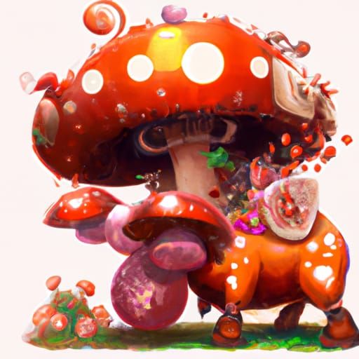 Vintage Animated Red Cow with Mushrooms