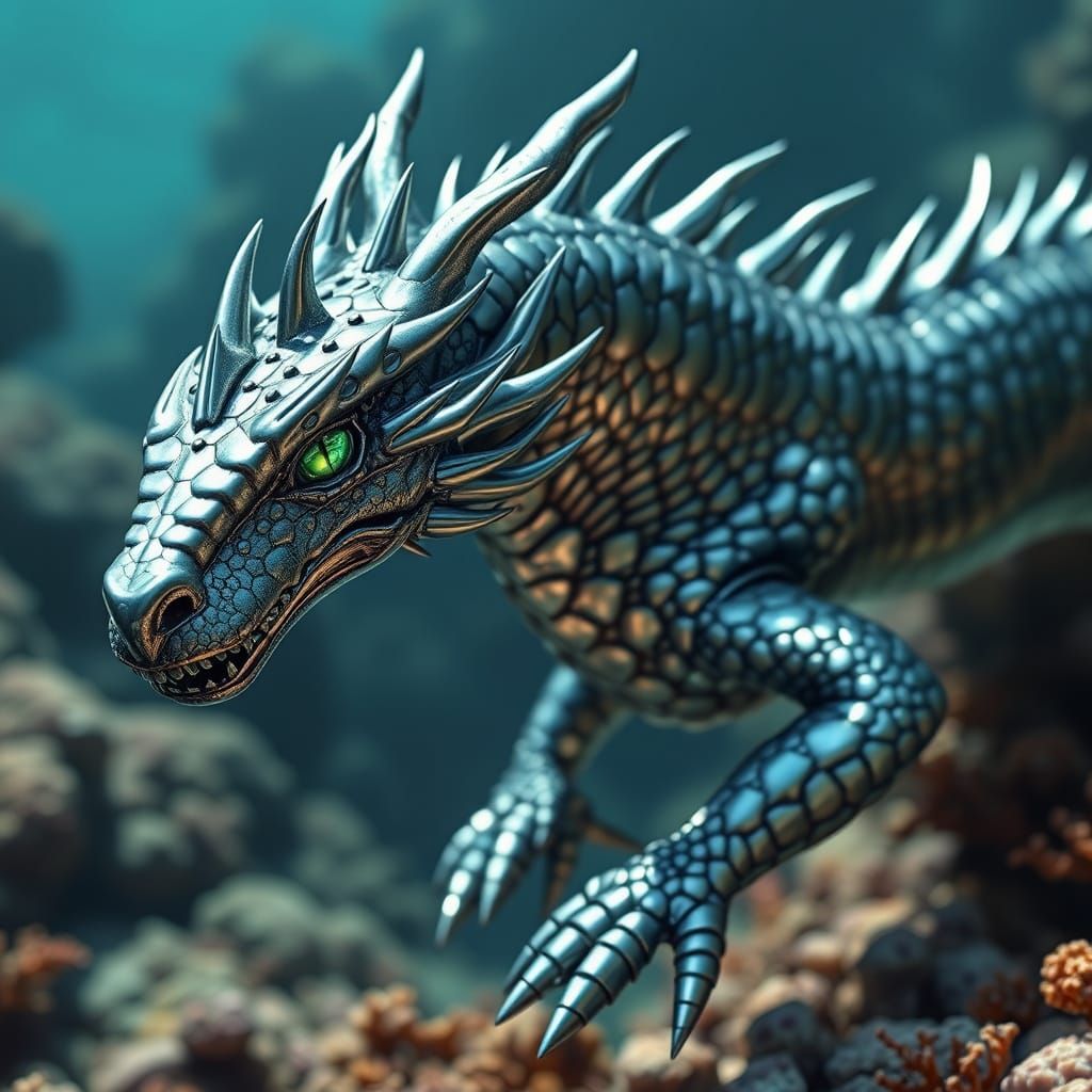 Metallic Dragon Soars Through Emerald Ocean Depths