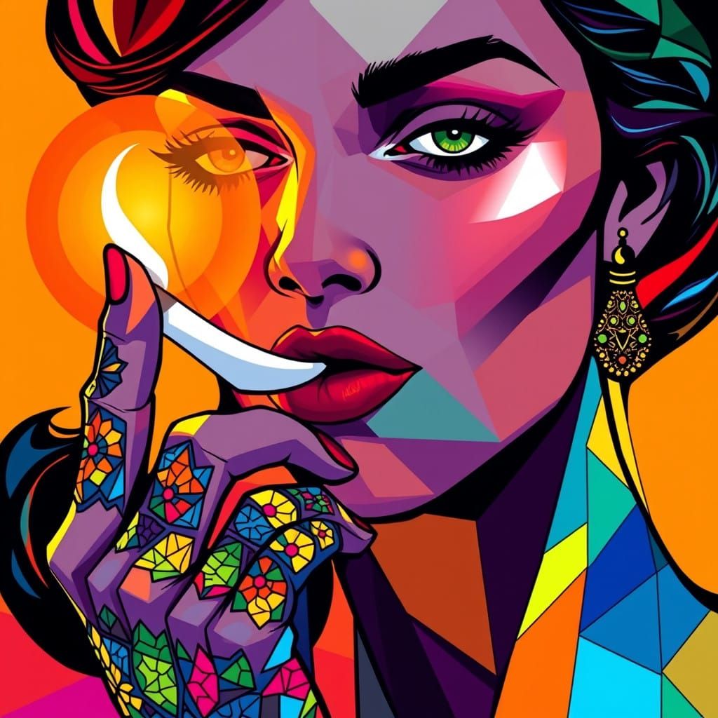 Vibrant Stained Glass Portrait of a Woman's Face and Hand