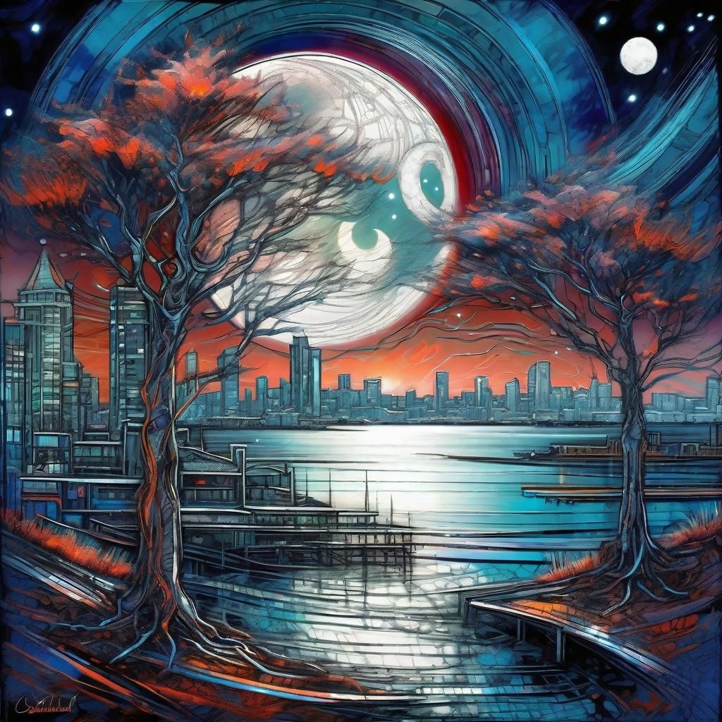 Moonlit Lunar Cityscape in Linecore Cartoon Style