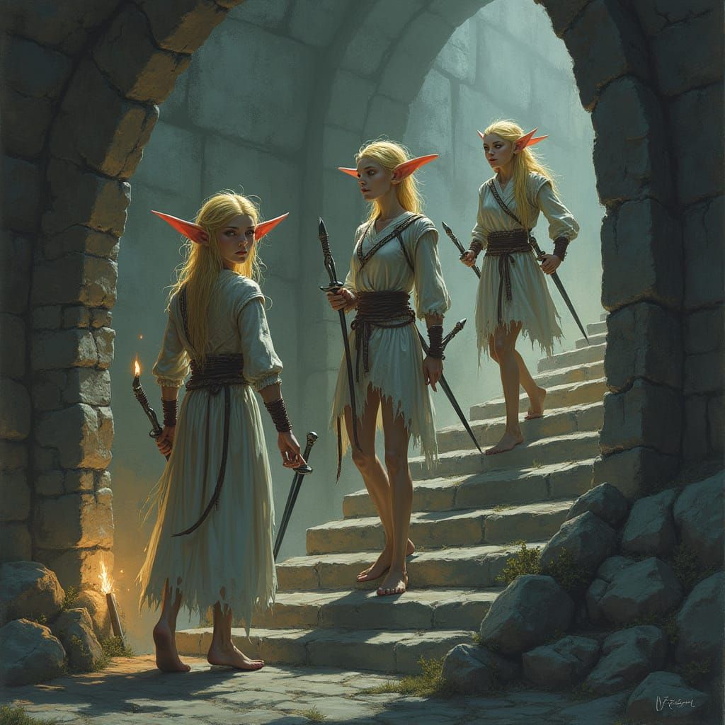 Elegant Elves Descend Dark Stone Staircase in Mystical Scene
