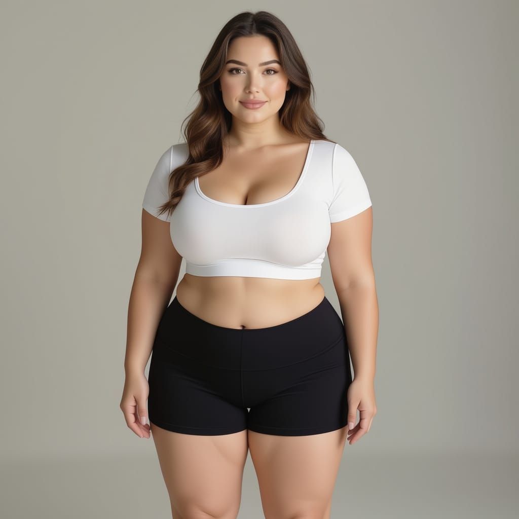 Plus-Size Woman in White Crop Top and Black Leggings