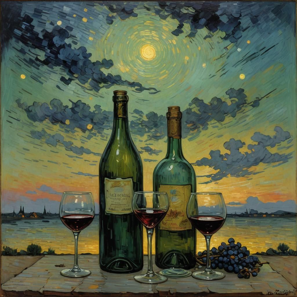 Van Gogh Style Wine Bottle and Glass
