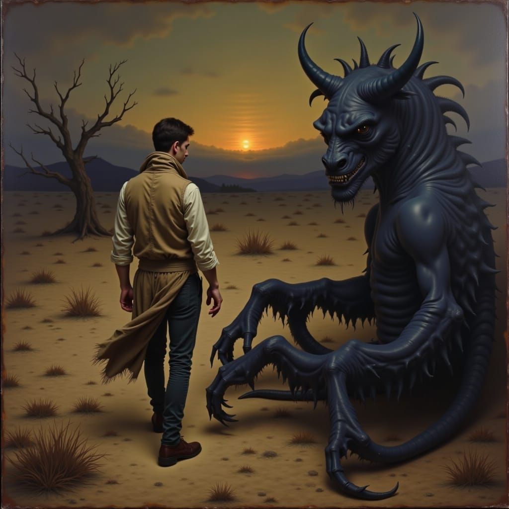 Solitary Figure in Desolate Twilight Landscape