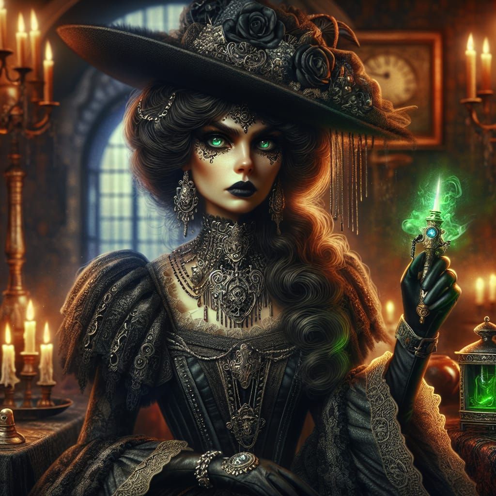 Victorian Witch Caricature with Glowing Sword