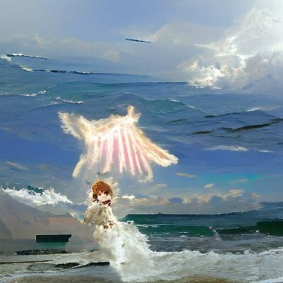 Angel Soaring Over a Calm Ocean