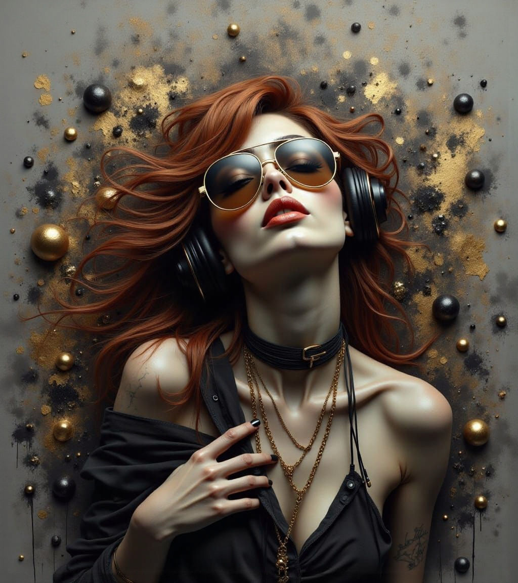 Abstract Grayscale Portrait of a Confident Woman with Gold A...