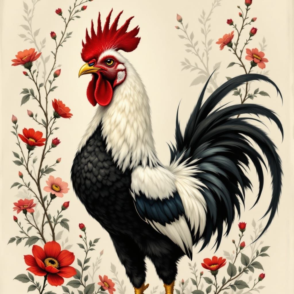 Romantic Pin-Up Rooster in Charcoal Art Nouveau Style