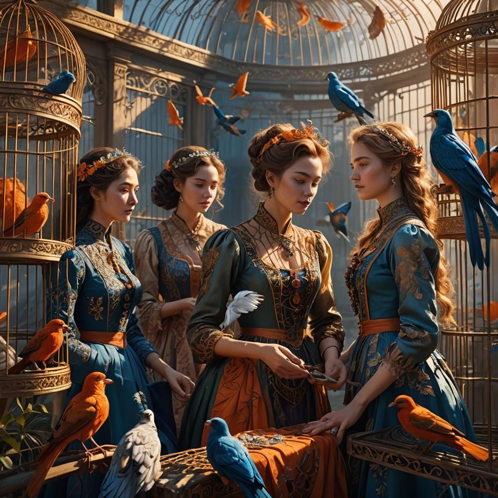 Luminous Fantasy: Ladies and Birds in Art Nouveau Style