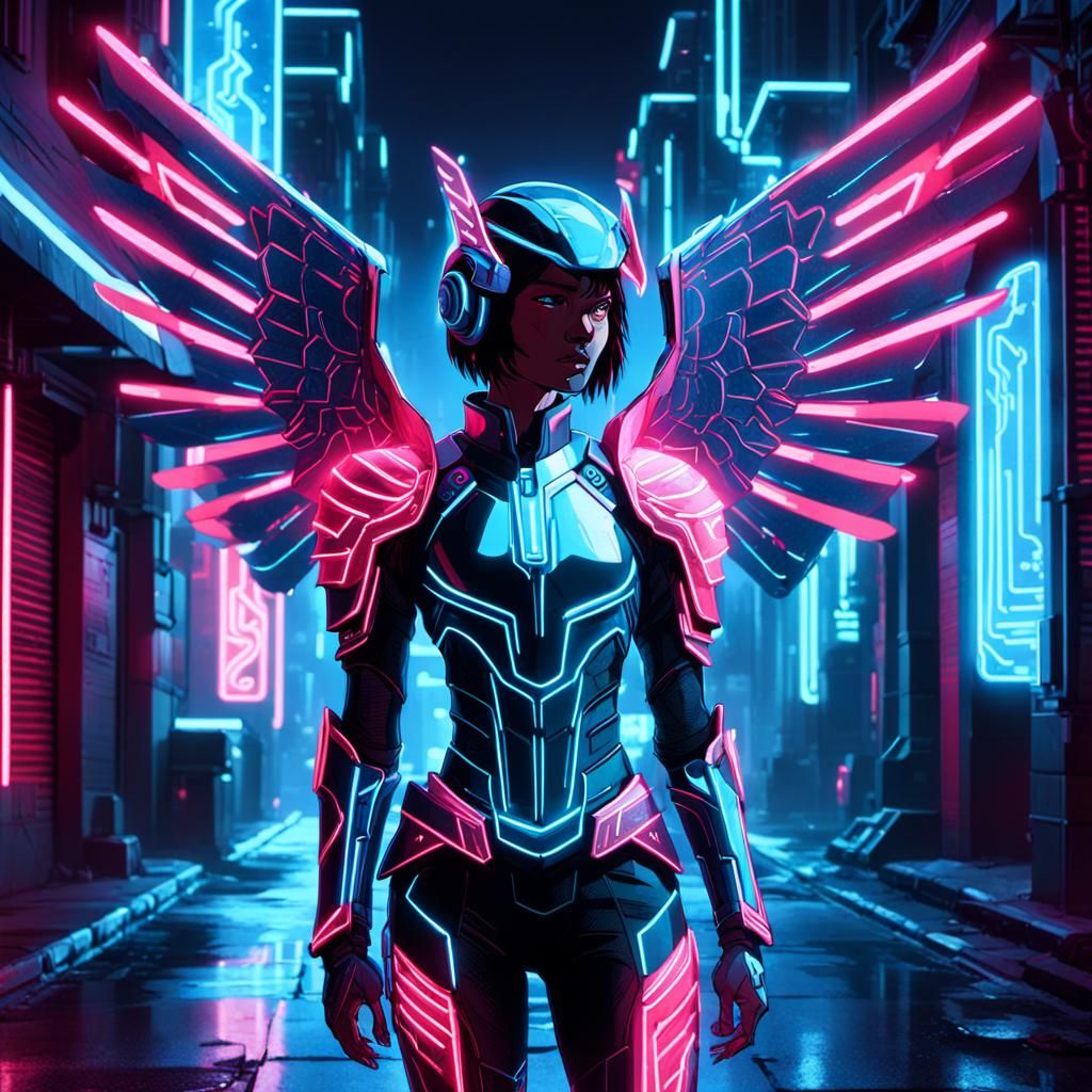 Tron Knight with Crimson Wings in Neon Alley