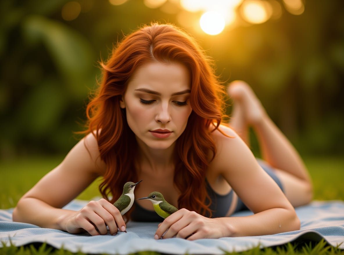 Red-Haired Woman in Tropical Landscape: Photorealistic Image