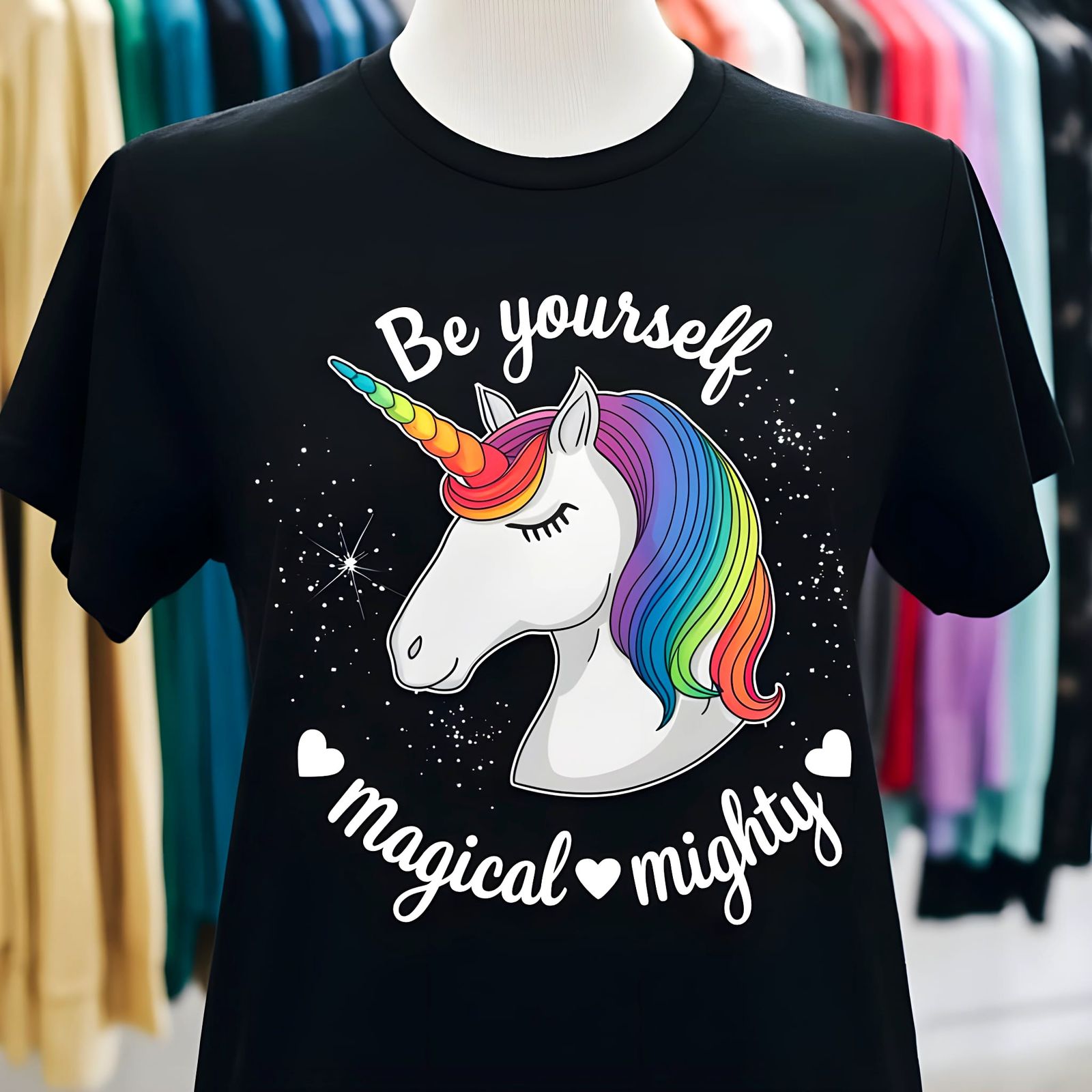 Vibrant Unicorn T-Shirt Design with Rainbow Horn and Glitter