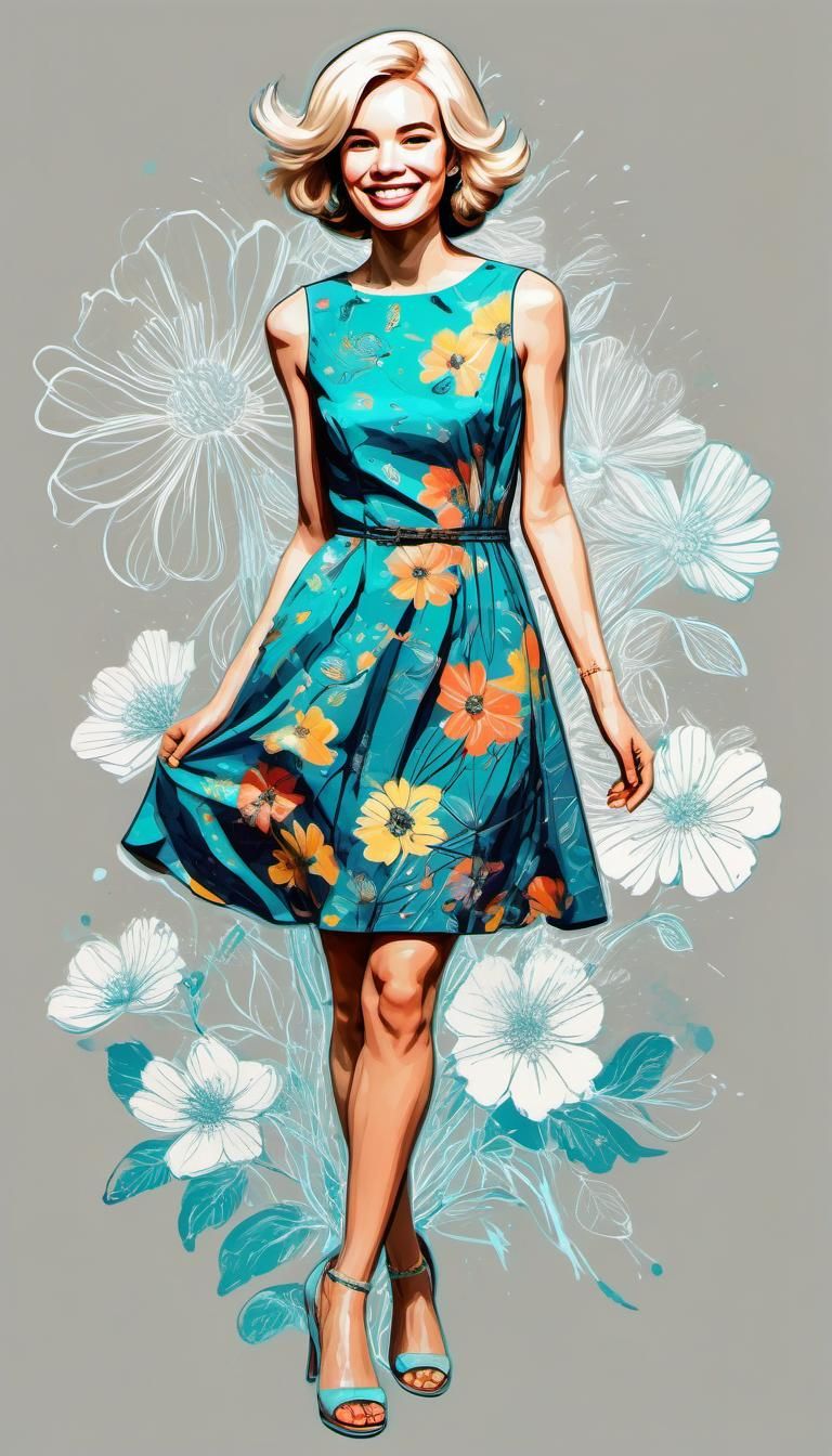 Girl in Floral Dress: Pop Art Illustration