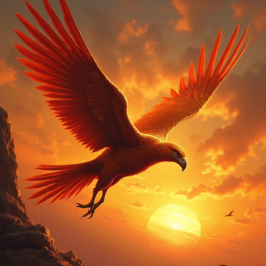 Griffin Soaring Through Sunset Sky in Fantasy Art