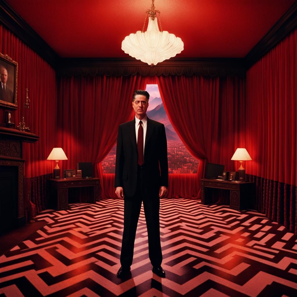 Surreal Red Room Scene in David Lynch Style