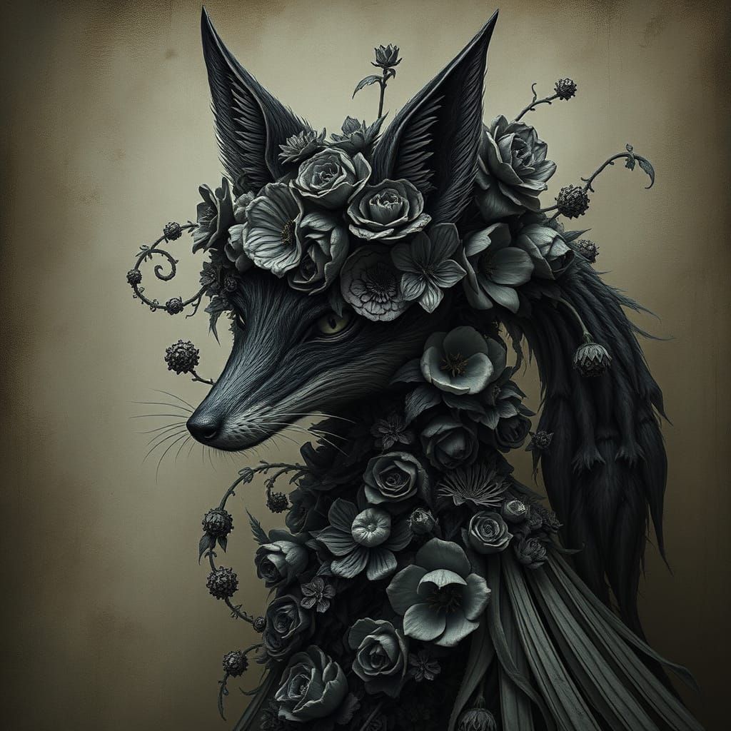 Mystical Fox Entity Composed of Dark Flowers