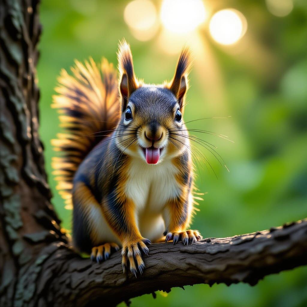 Playful Squirrel Hanging Upside Down in Forest
