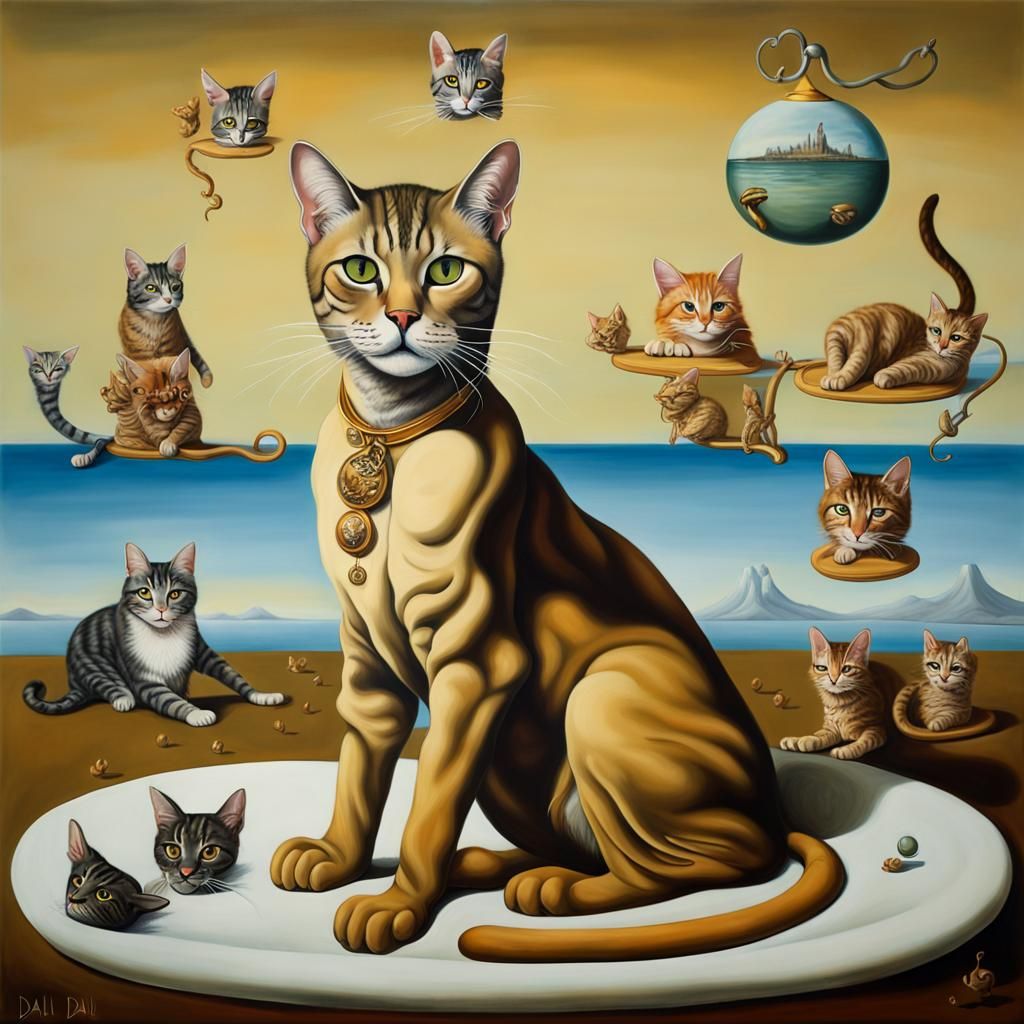 Cat Monarch in Feline-Dominated Society: Surrealist Oil Pain...