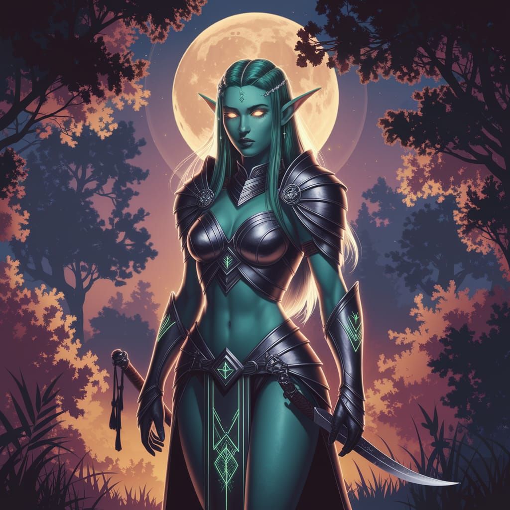 Graceful Dark Elf in Moonlit Forest