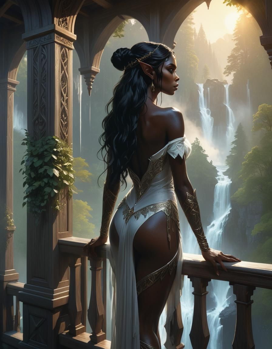 Elven Woman Gazing at Dawn, Art Nouveau Style