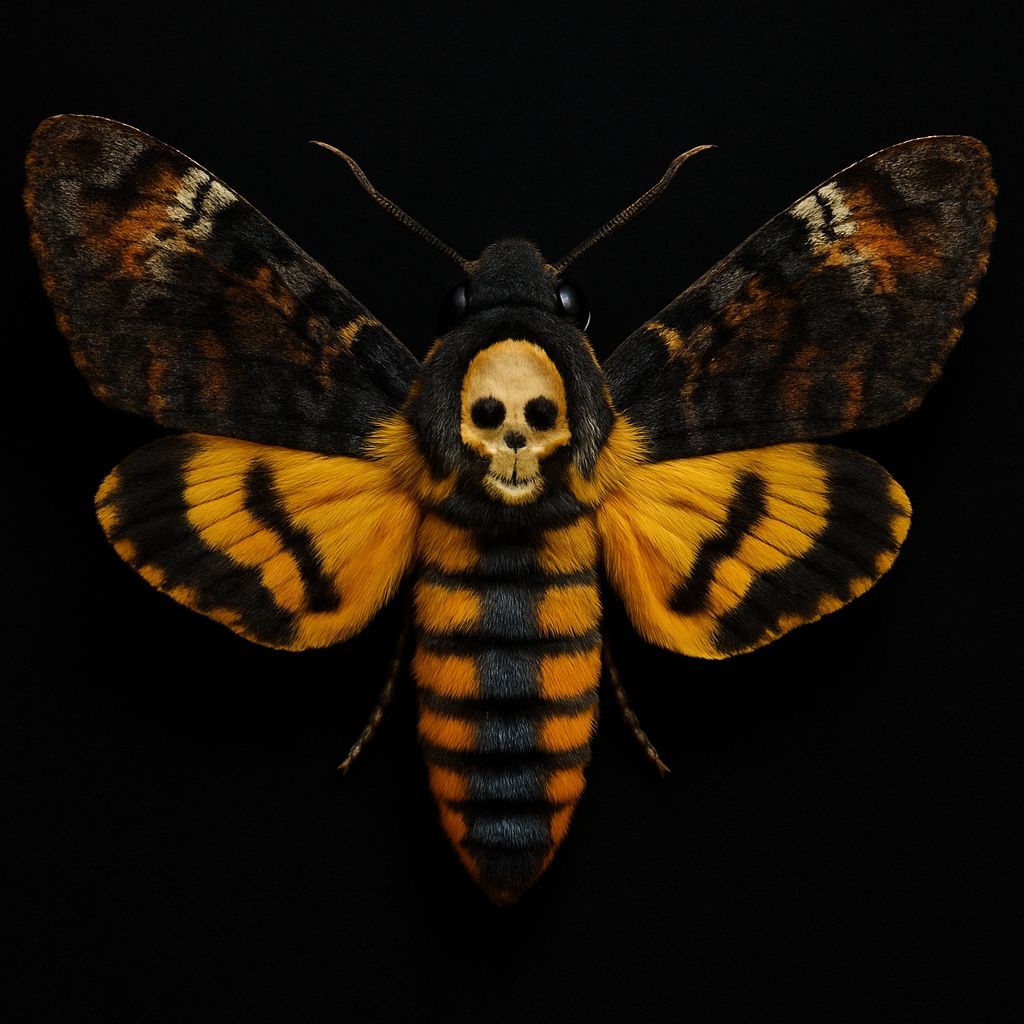 Hyperrealistic Moth with Skull Motif on Black Background