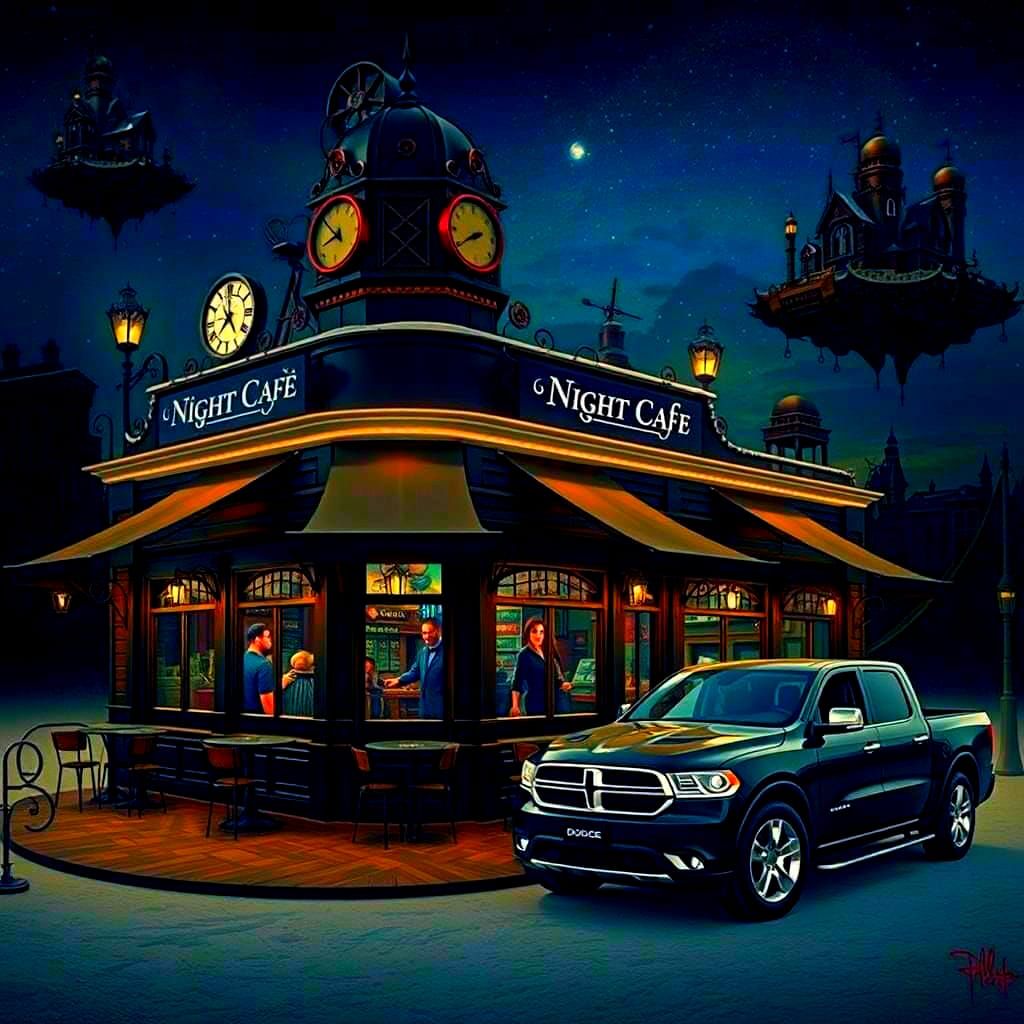 Steampunk Night Cafe in Victorian City