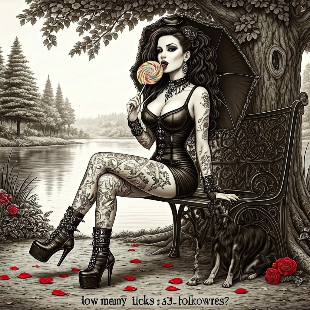 Gothic Woman with Lollipop in Monochrome Ink Drawing