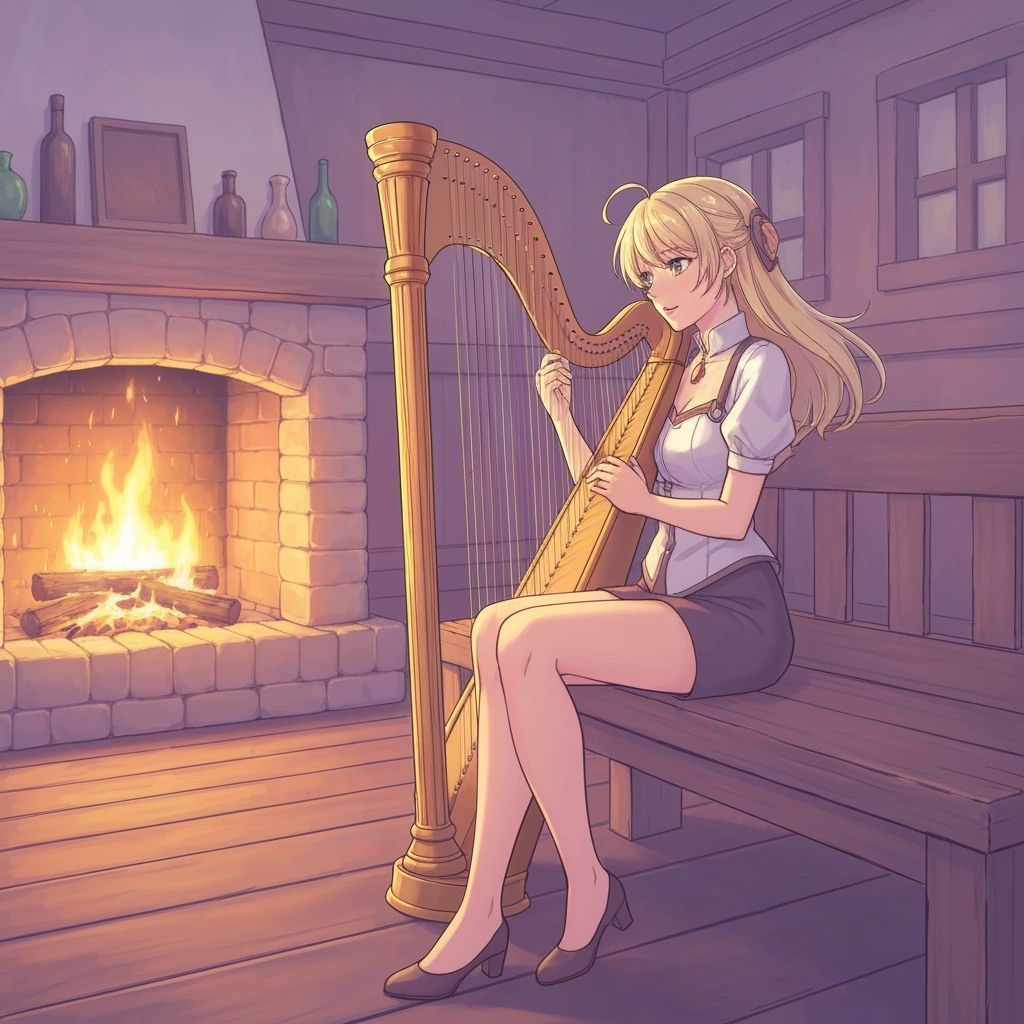 Elegant Woman with Harp by Fireplace, Cel-Shaded