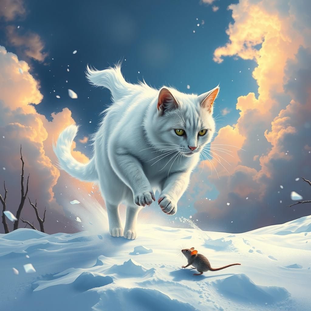 Hyperrealistic Ghost Cat Chasing Mouse in Snow