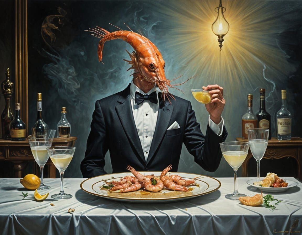 A shrimp in a tuxedo attending a cocktail party