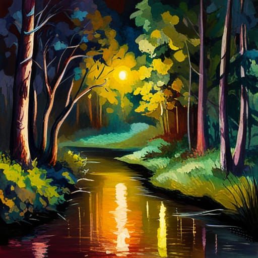 Impressionist Forest River at Night in Gouache Style
