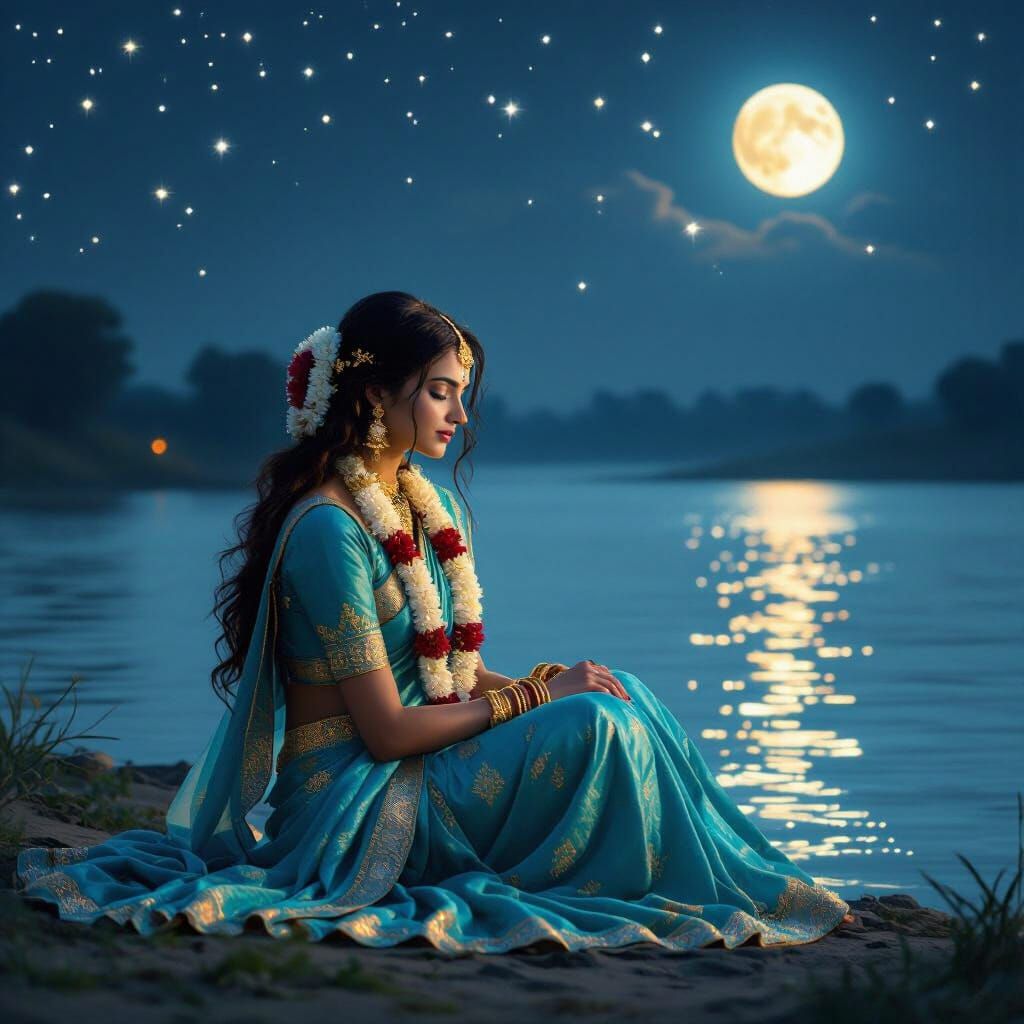 Radha's Golden Glow by Moonlit Yamuna River