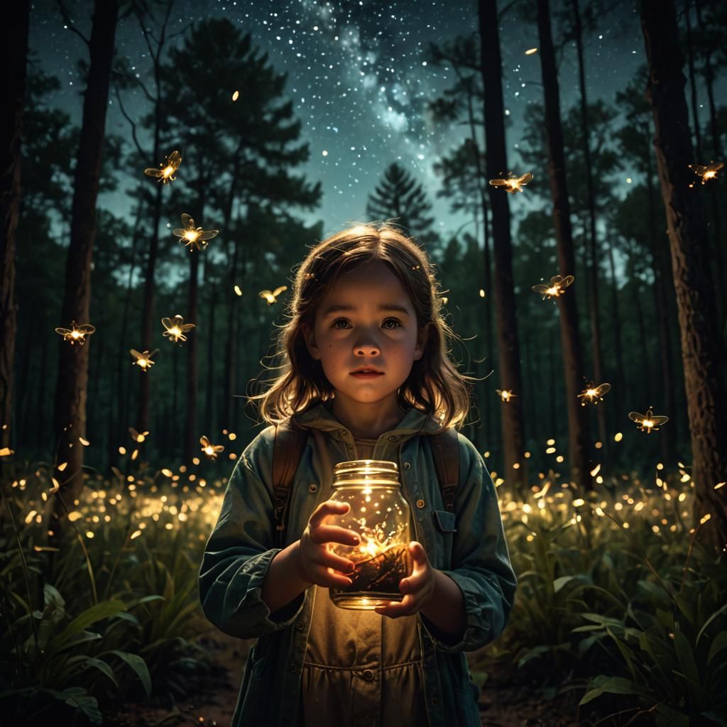 Girl with Fireflies in Forest Night, Cinematic Lighting