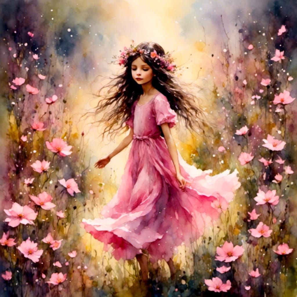Girl in Pink Dress Walking Through Flower Meadow