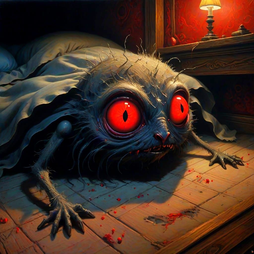 Evil Dust Bunnies Lurk in Dark Fantasy Oil Painting