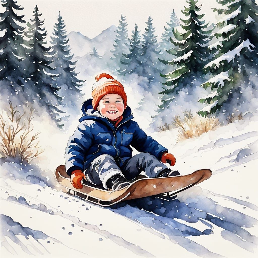 Vibrant Watercolor Snow Scene with Sledding Figures