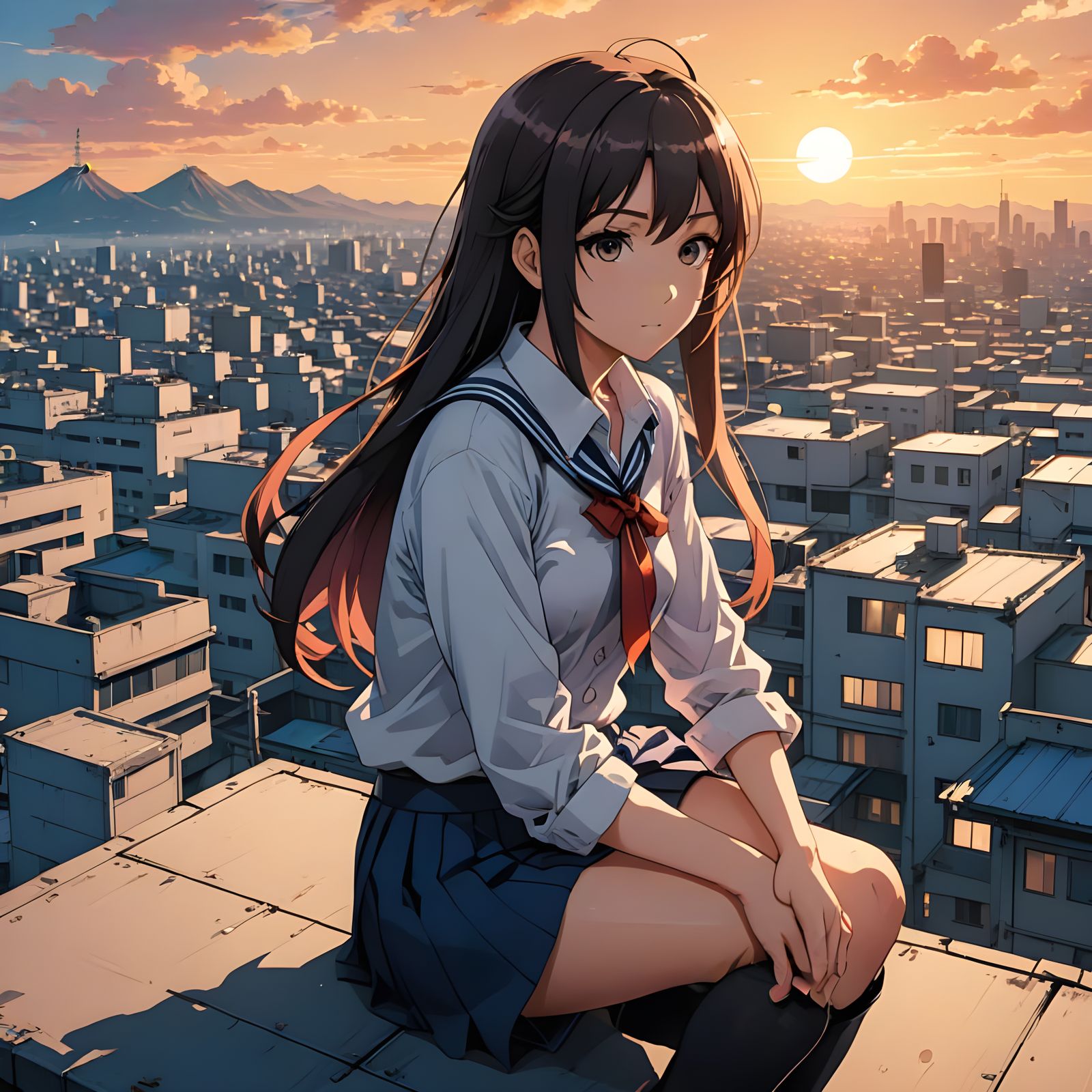 Anime Girl Sits on Rooftop, Looking Over Japanese Cityscape ...