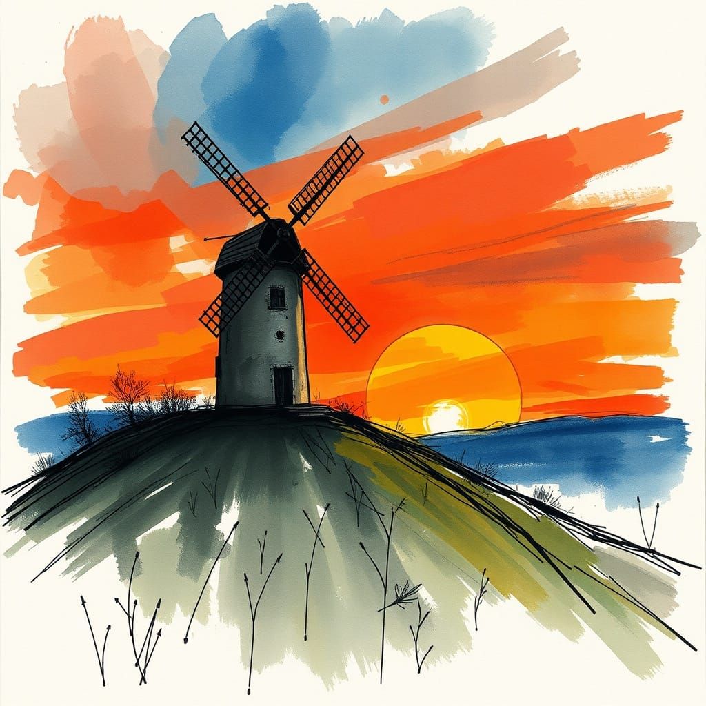 Expressionist Windmill at Sunset with Angular Lines